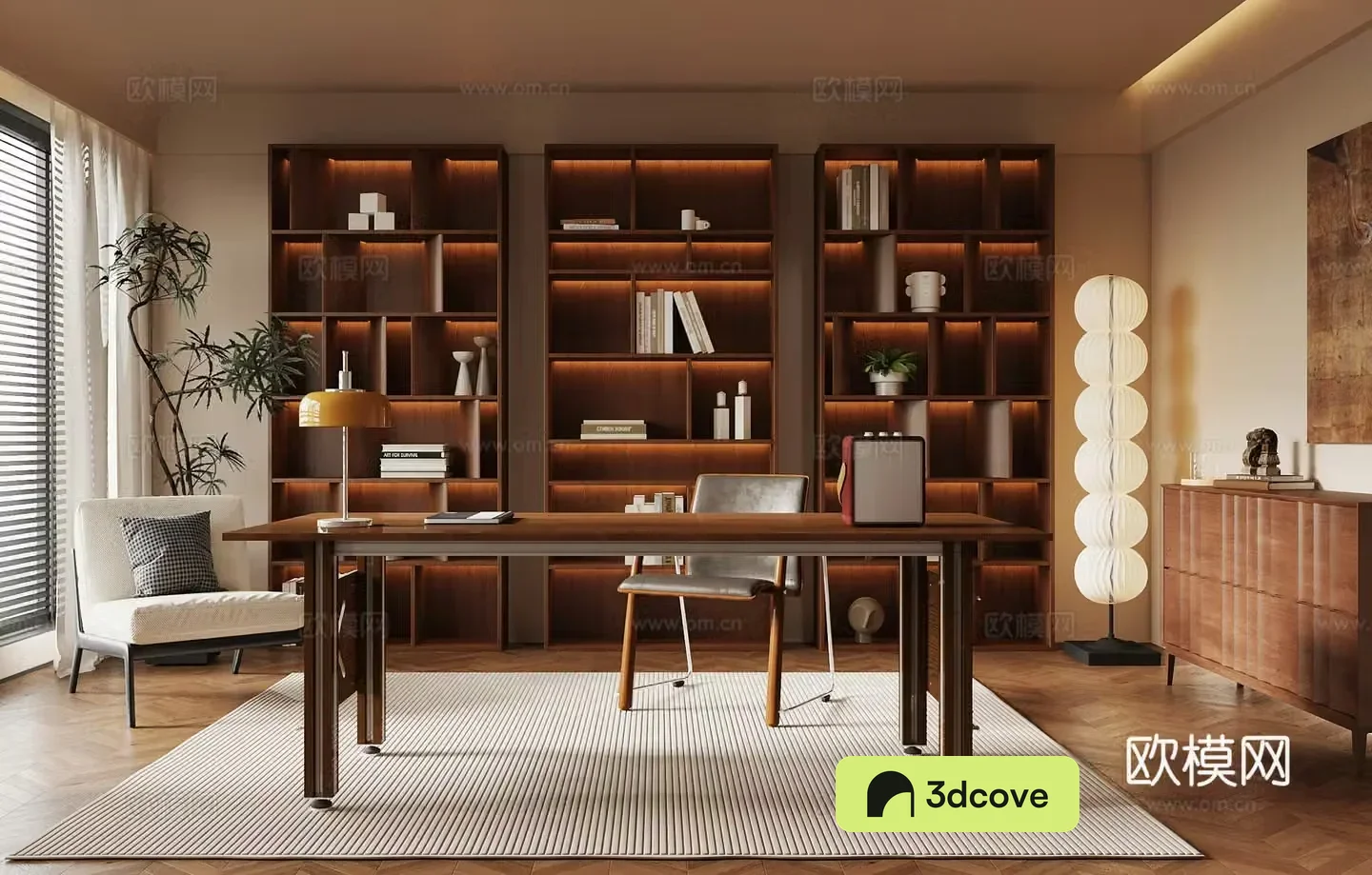 Middle-aged study bookcase desk and chair 3D model
