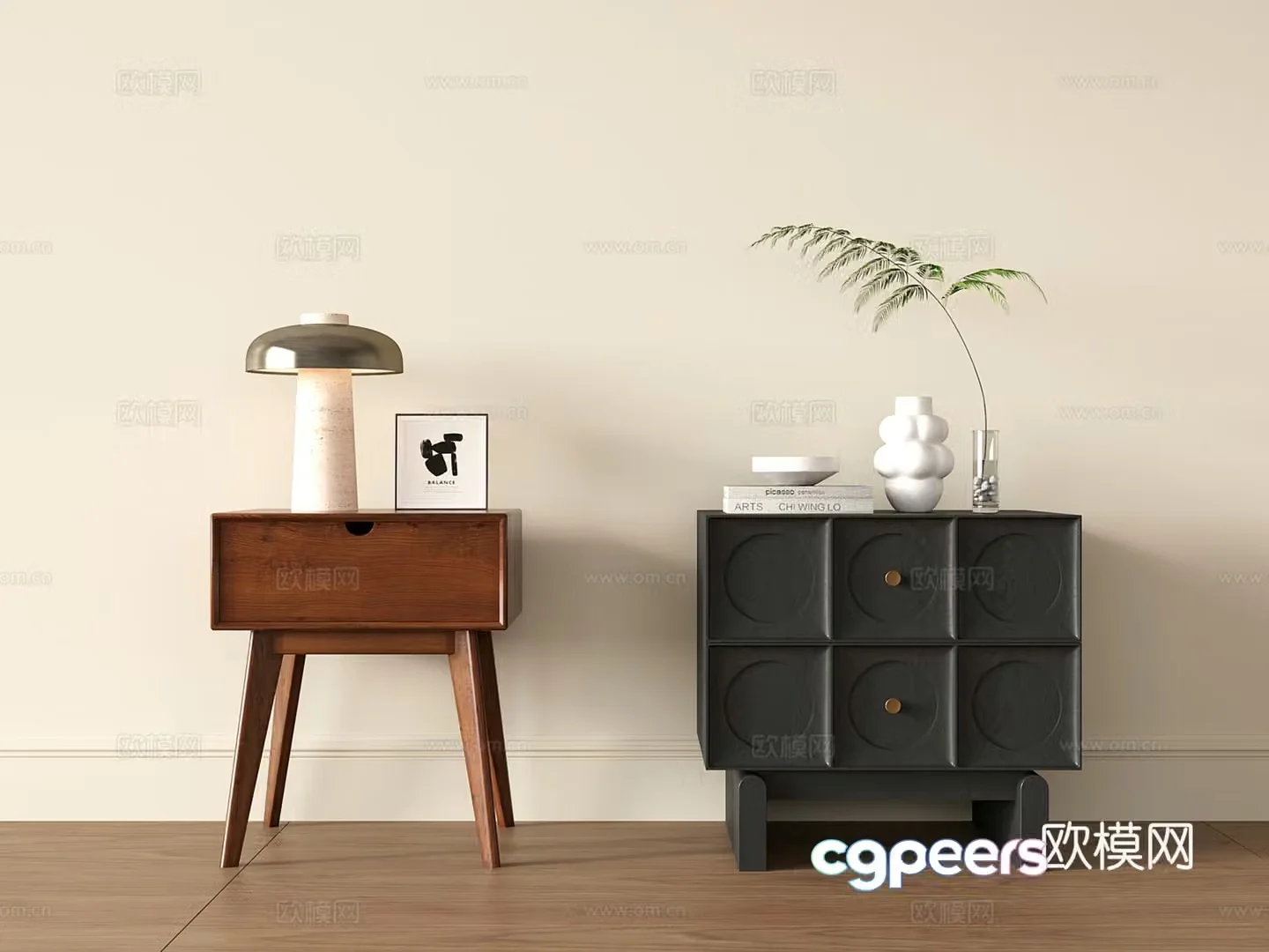 Middle -aged wind bed table cabinet retro bedside table 3D model