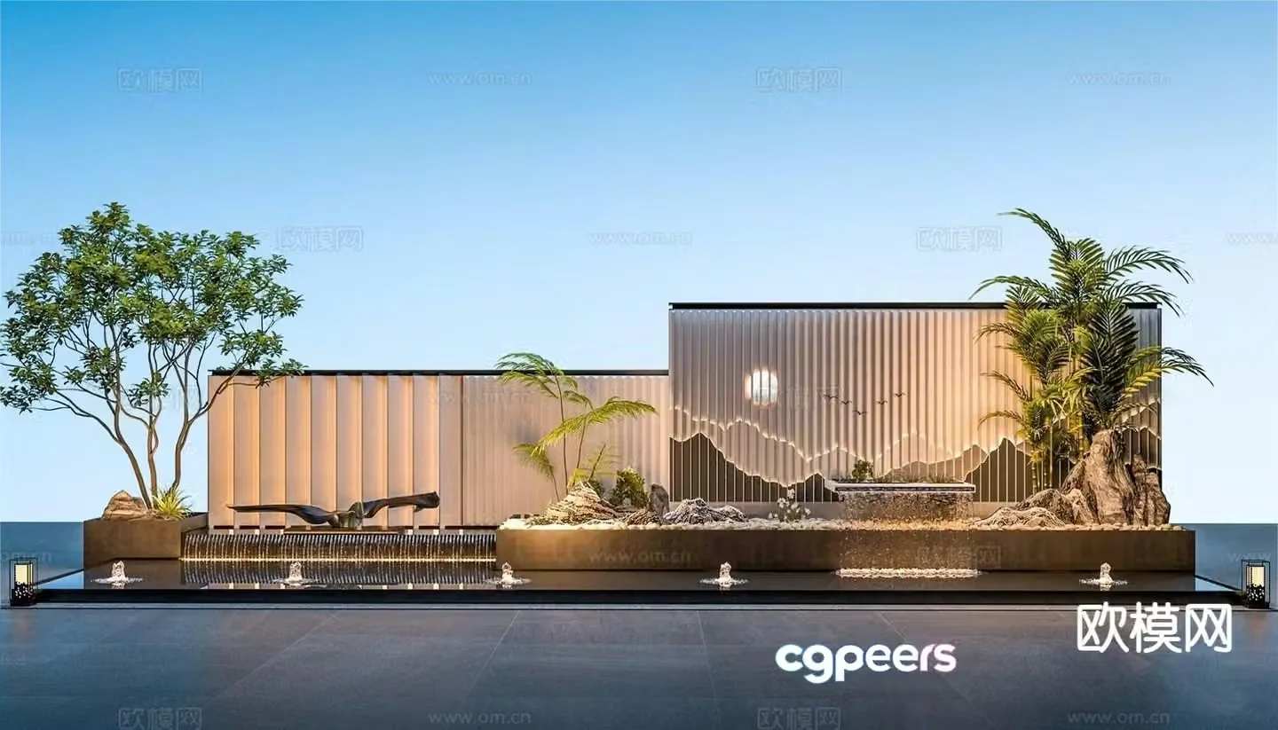 Modern courtyard water feature fountain roof garden sketch 3D model