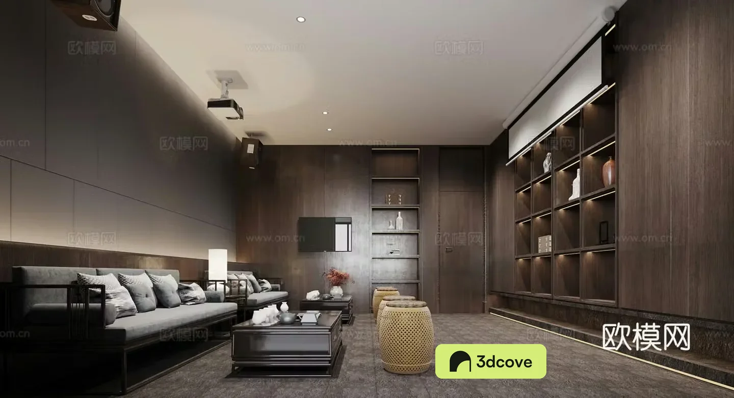 New Chinese audio and video studio home cinema sofa coffee table round stool Chinese ornament curtain projector