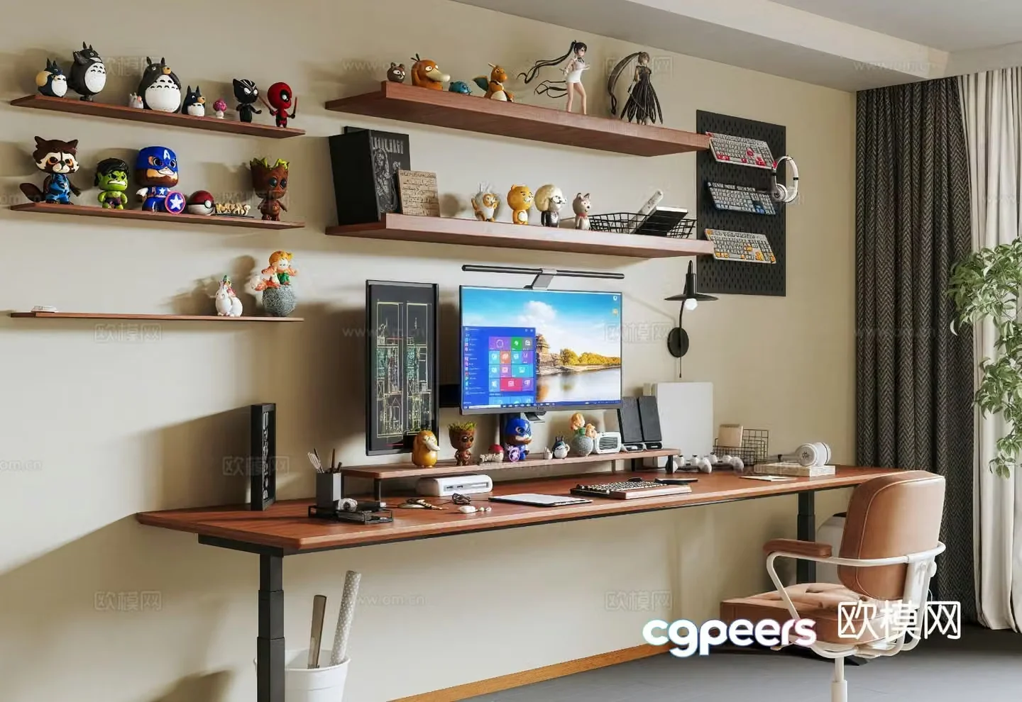 Middle-aged e-sports room sculpture lift computer desk computer e-sports chair 3d model