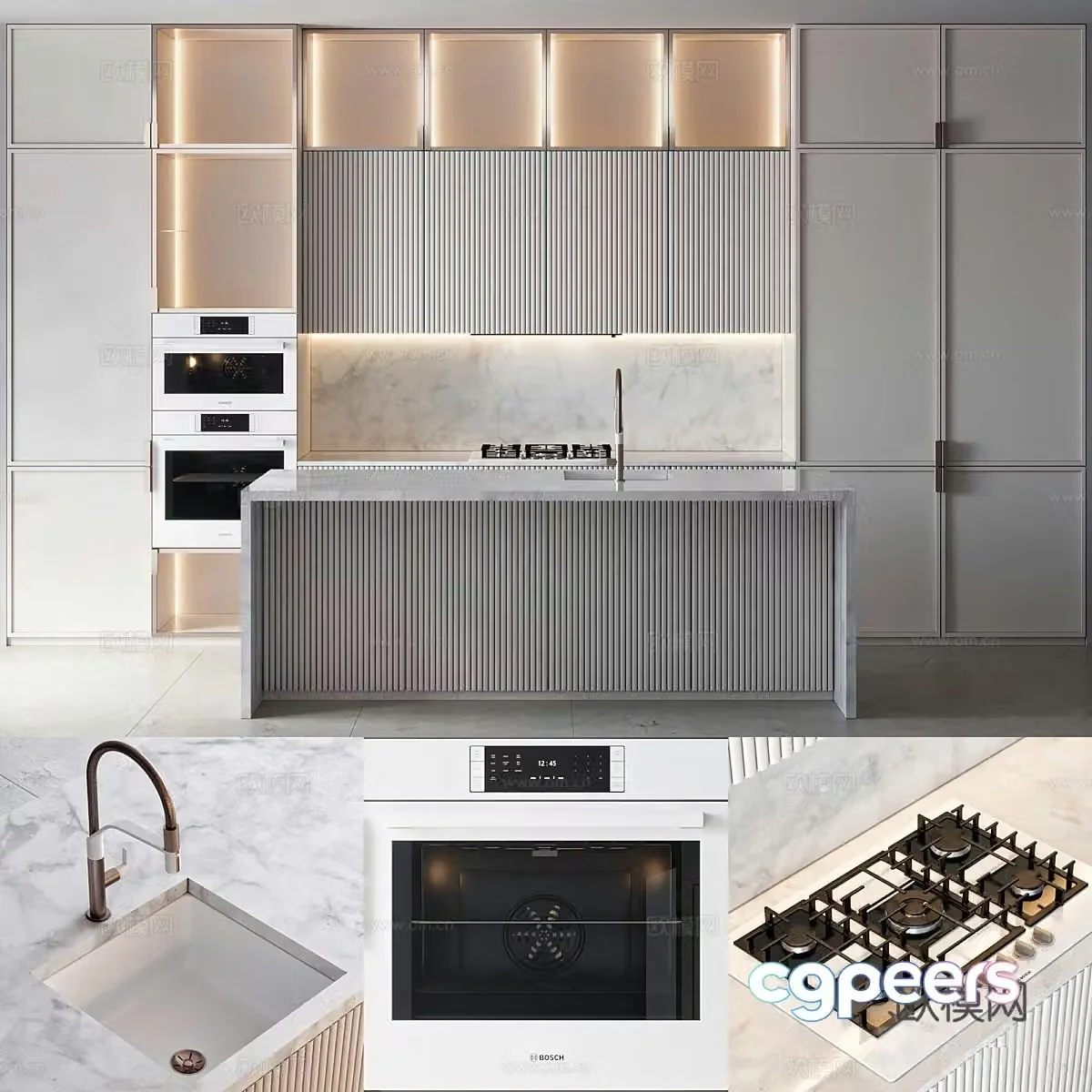 Open kitchen cabinets kitchen island kitchen utensils kitchen supplies stove oven water dragon 3d model
