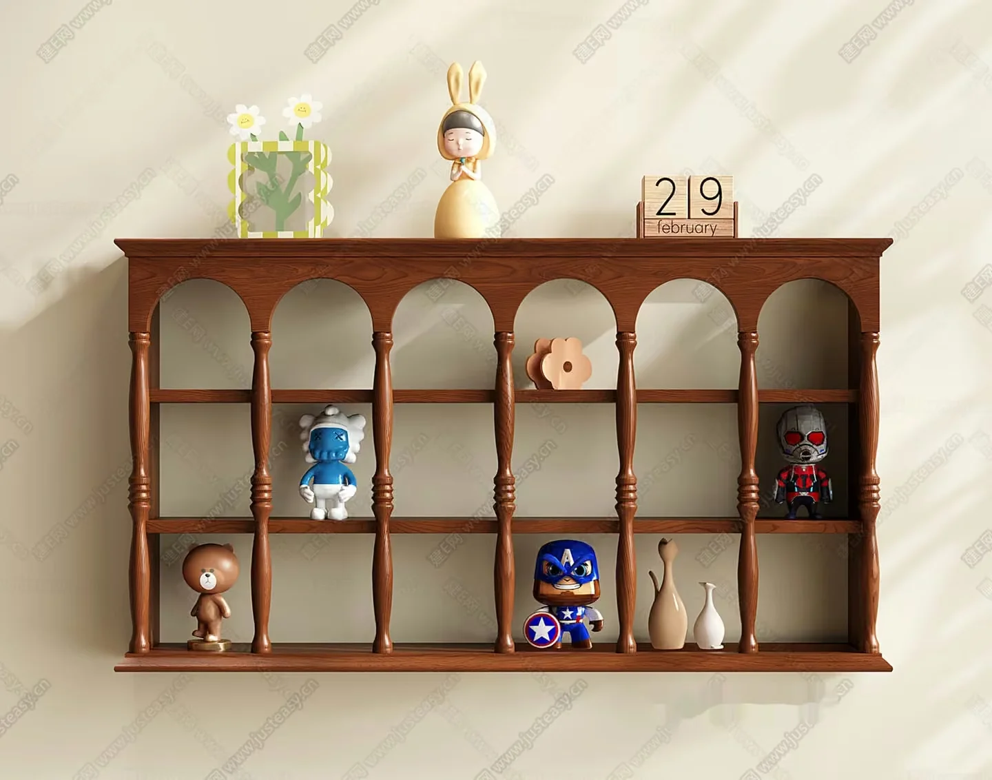 A Wooden Shelf With Decorative Items 3D Model – 17073 – VRAY Render