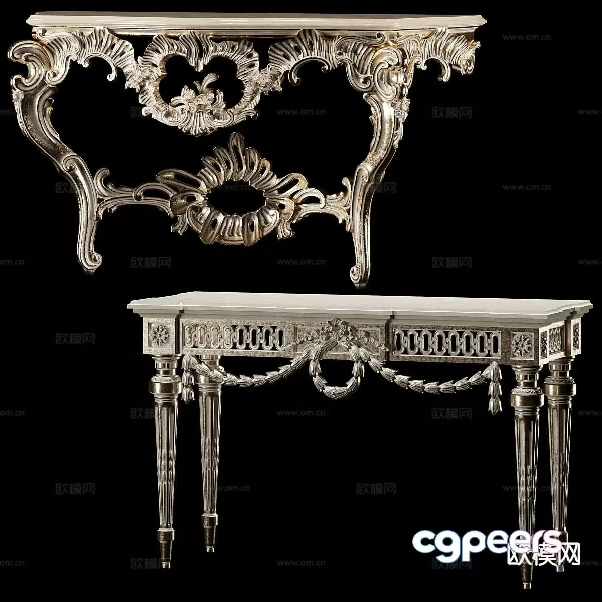 3D model of European-style end view platform entrance desk and table