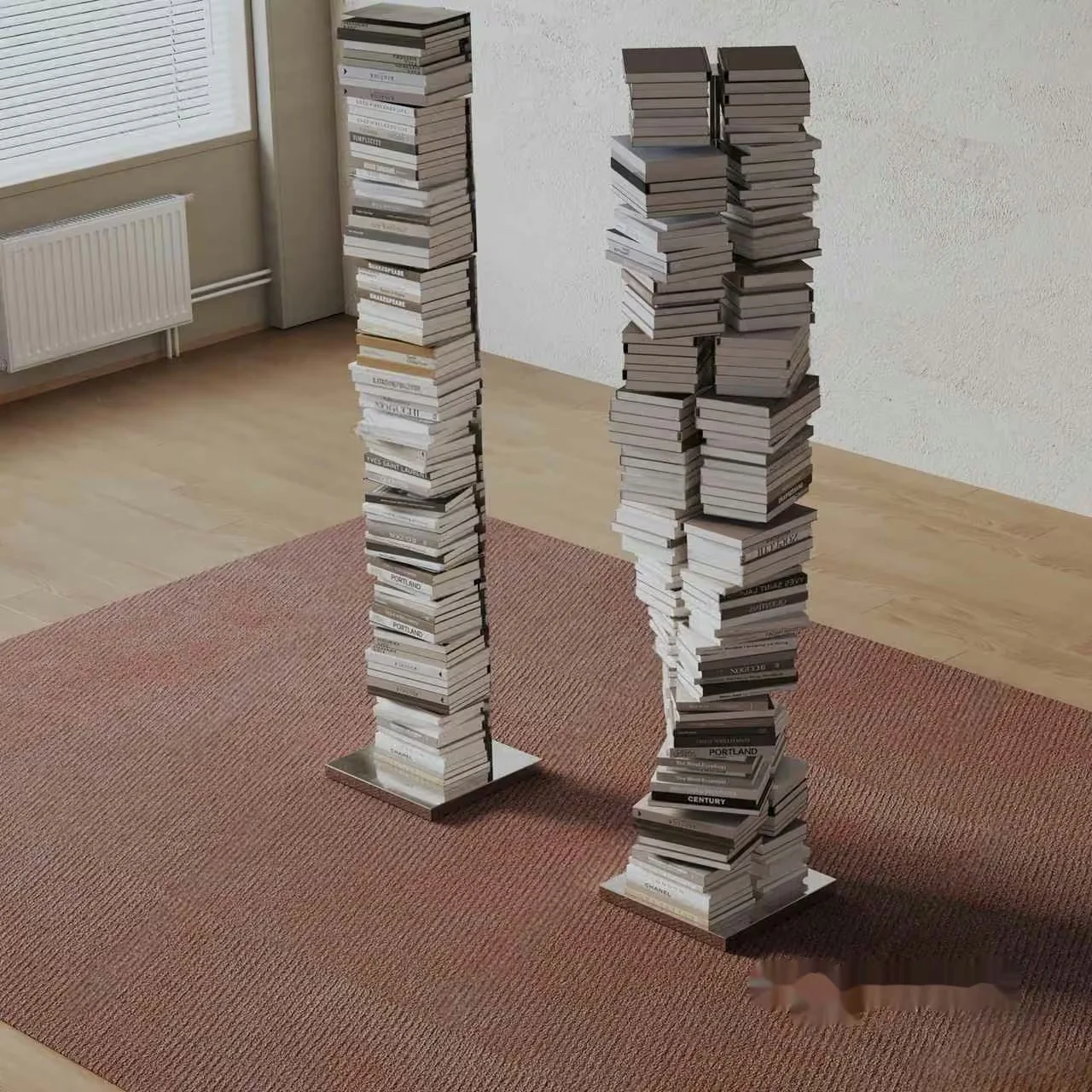 Two Tall Thin Book Sculptures Made Of White Books Stacked On Metal Bases 3D Model – 7864 – VRAY Render