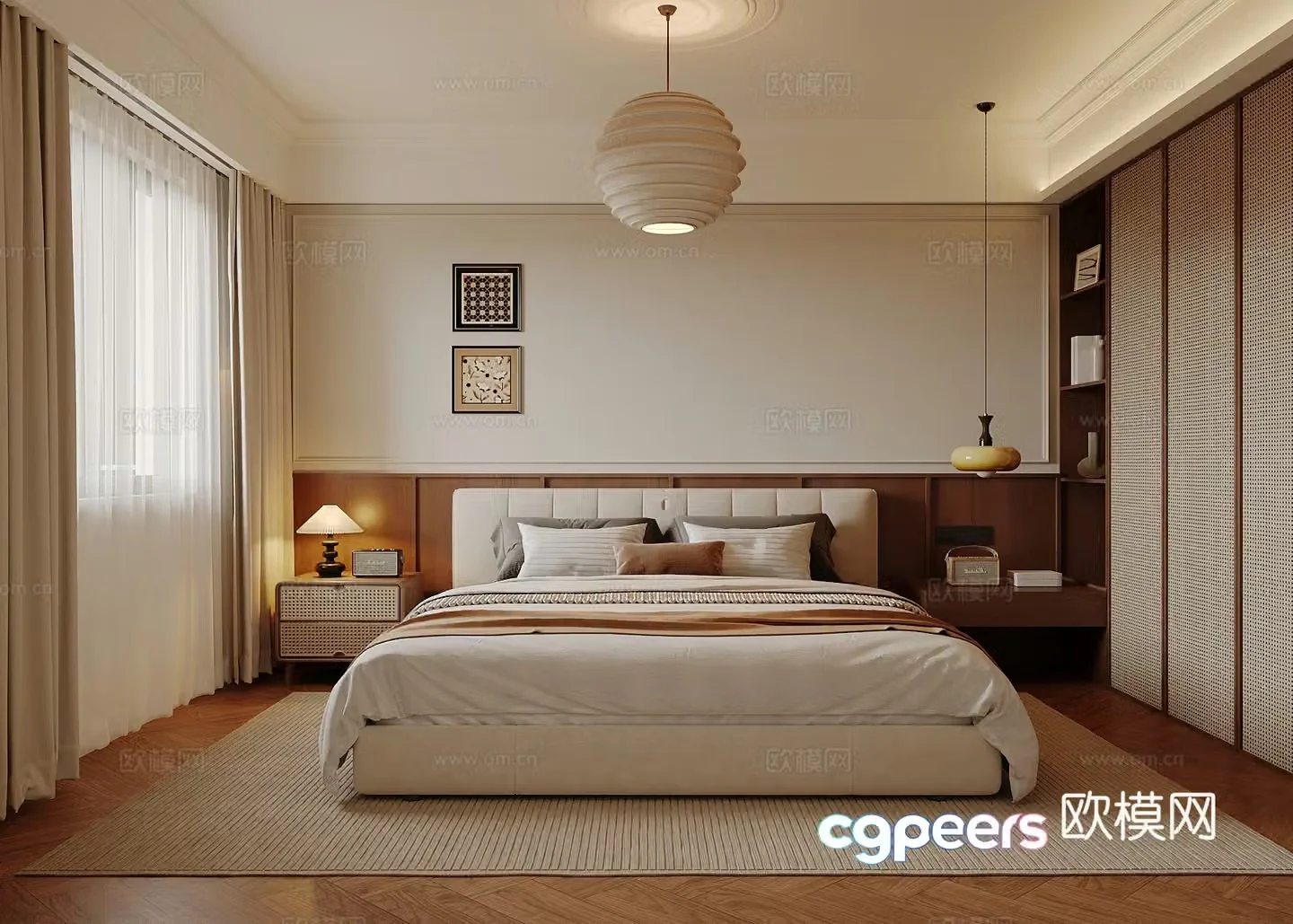 Middle style bedroom double bed wardrobe 3d model