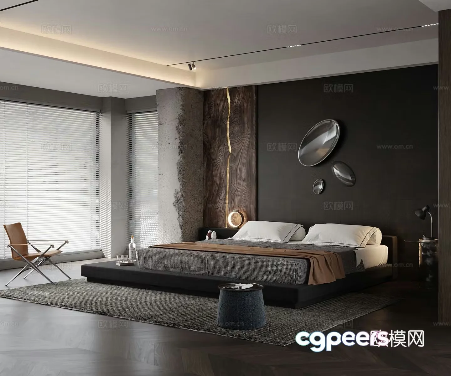 Modern bedroom Dark wind bedroom Master bedroom Floor bed Leisure chair Bed headboard background wall Wall 3d model