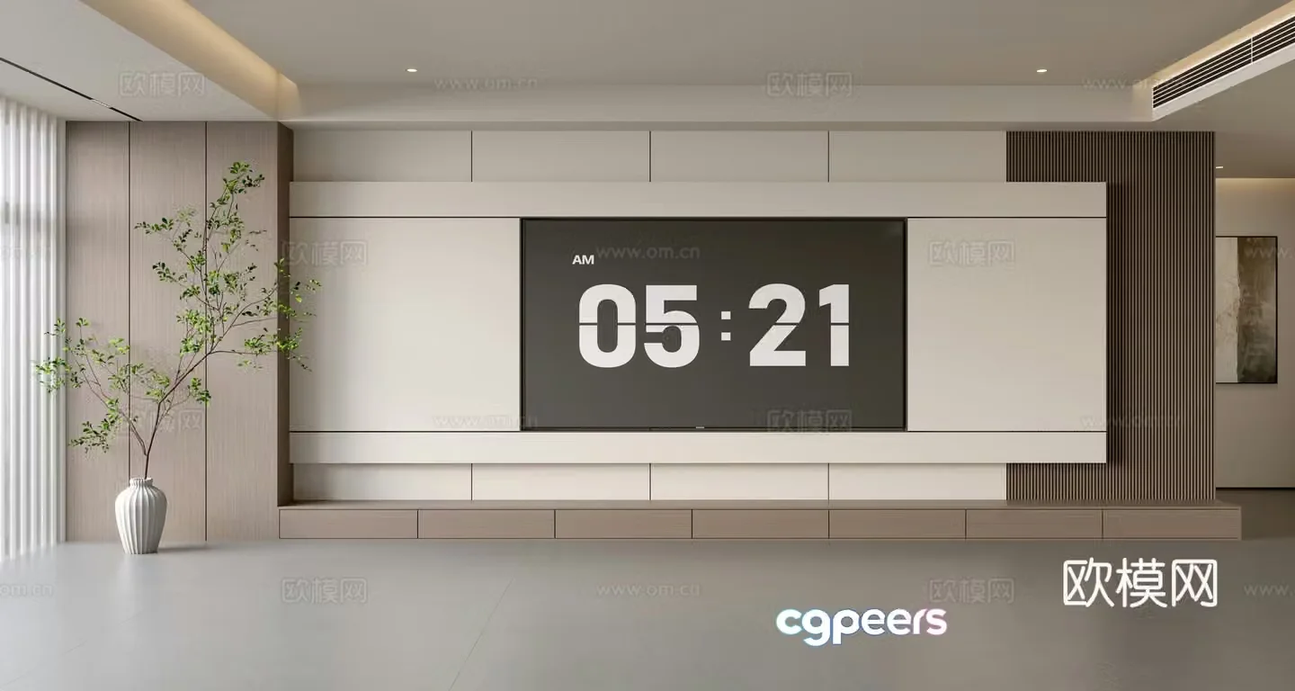 Modern simple living room light luxury TV background wall full wall TV cabinet wooden veneer background wall 3d model