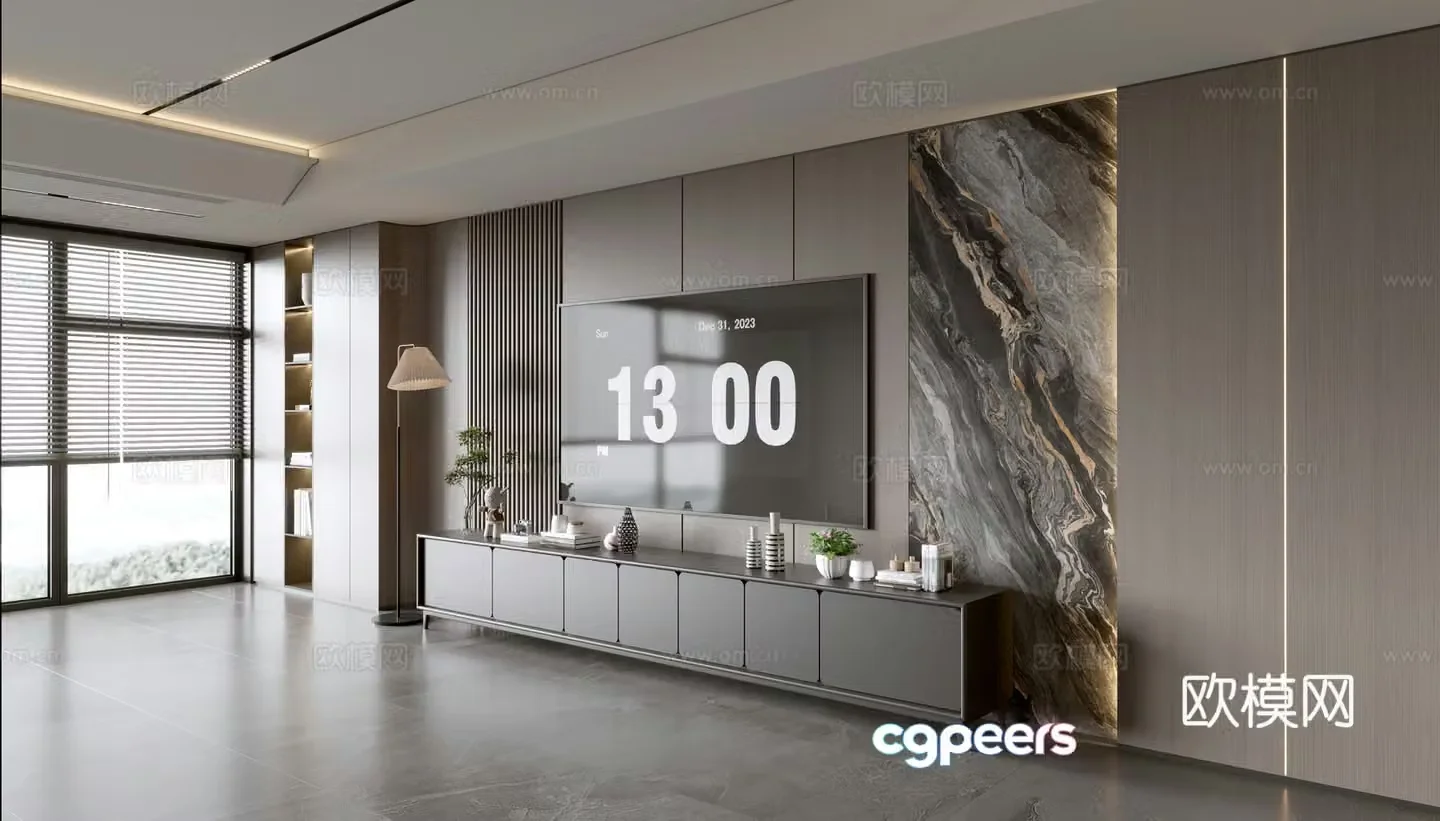 Modern Italian living room light luxury TV background wall full wall TV cabinet marble background wall 3d model