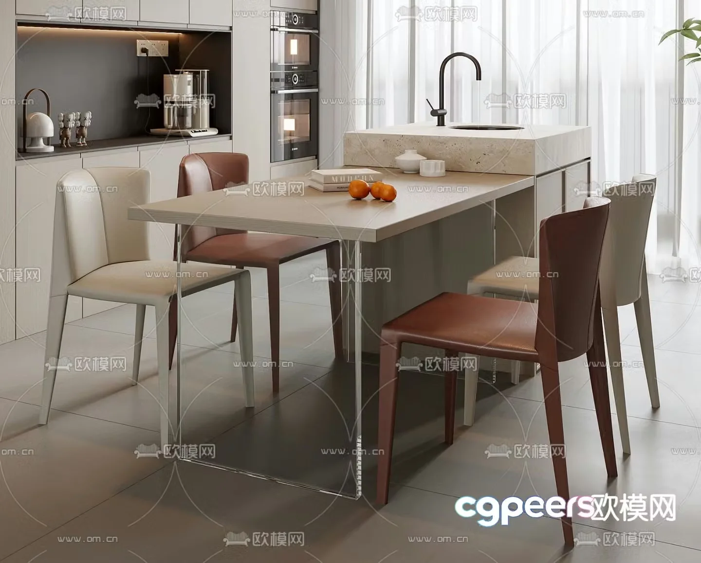 Island table dining table and chair combination 3d model