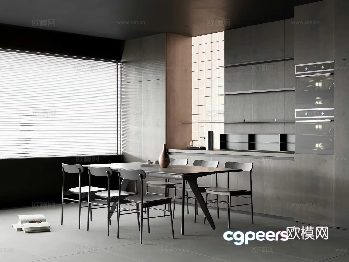 Modern restaurant Solid wood dining table Solid wood dining chair Solid wood sideboard Oven Kettle Water Cup 3D model
