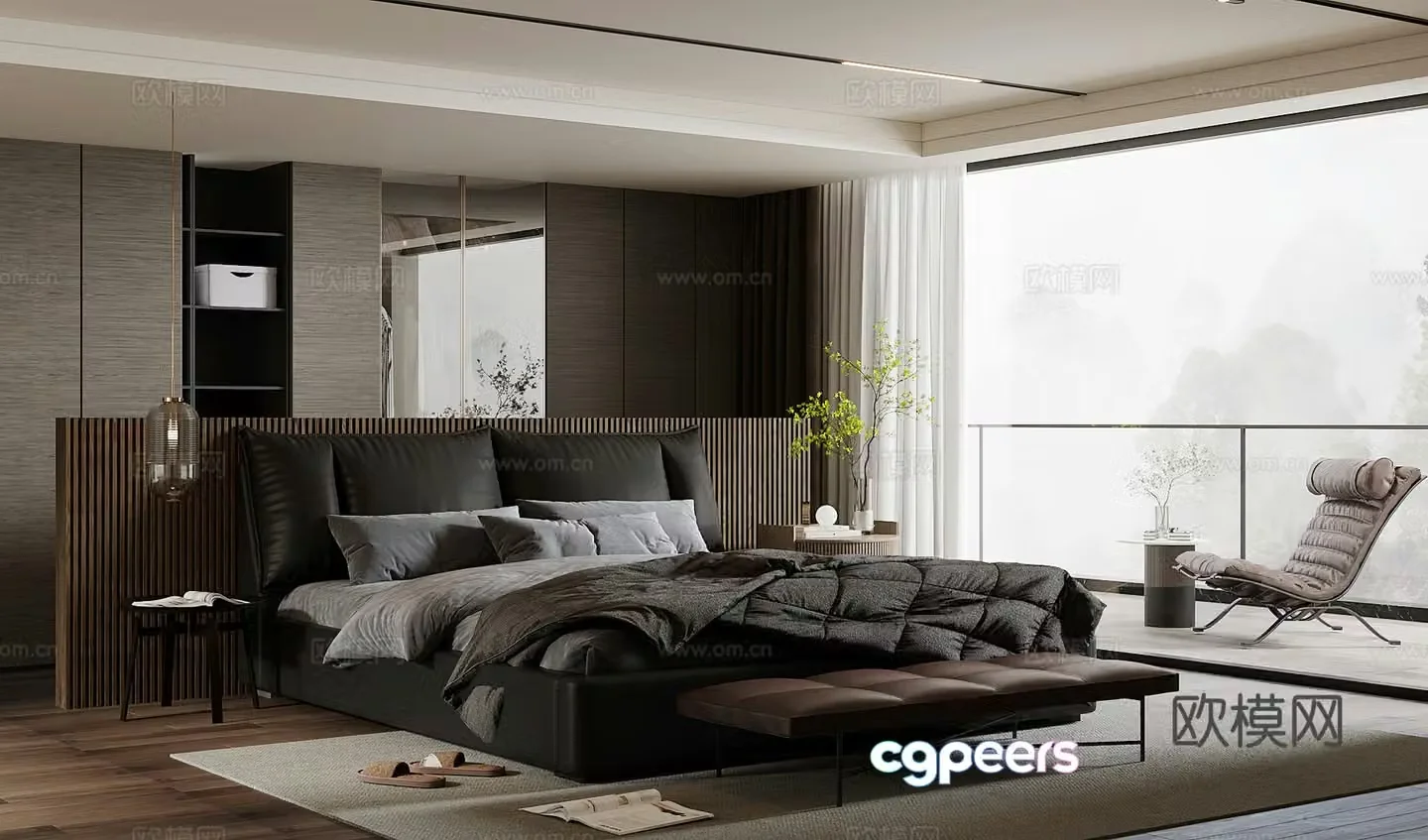 Modern light luxury home bedroom premium gray bedroom owner-light bedroom black and white gray bedroom Bauhaus 3D model
