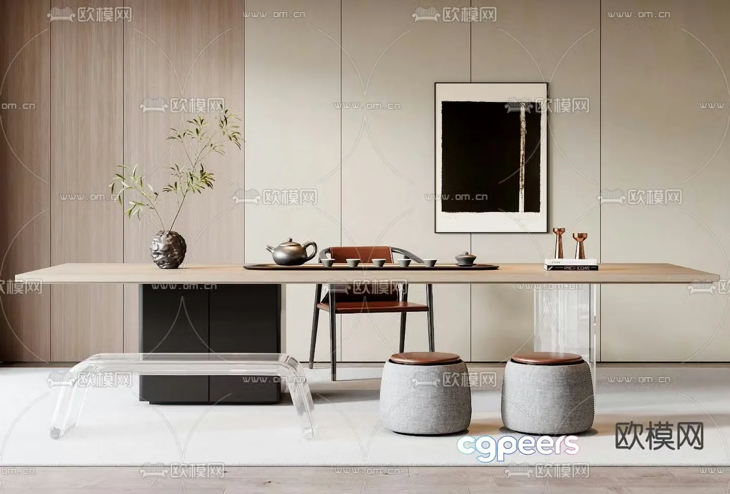 Modern wooden tea table and chair 3d model