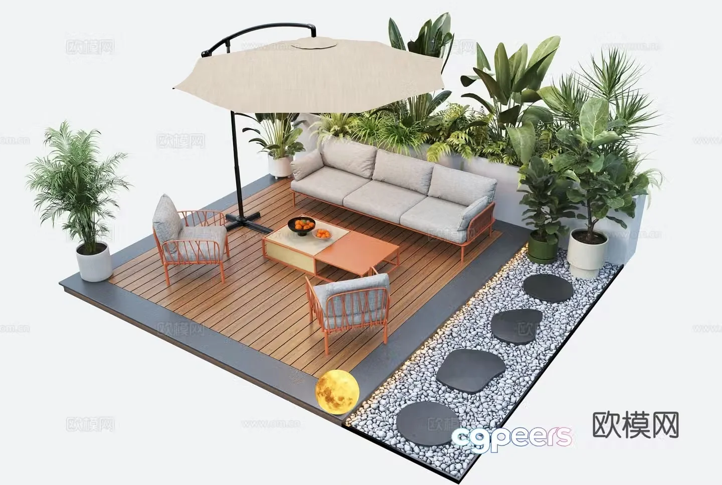 Modern courtyard landscape outdoor sofa umbrella seat landscape plants 3d model