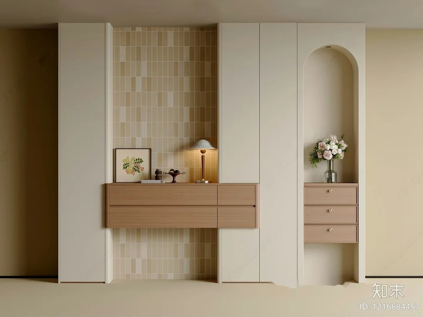 Modern Beige Wall With Cabinets And Drawers 3D Model – 15333 – VRAY Render