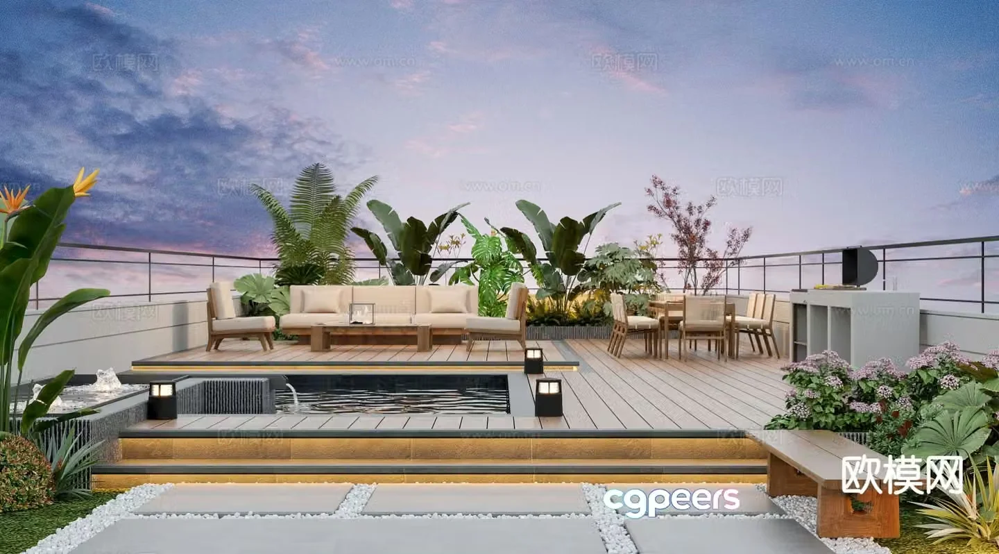 Modern balcony terrace roof garden 3d model