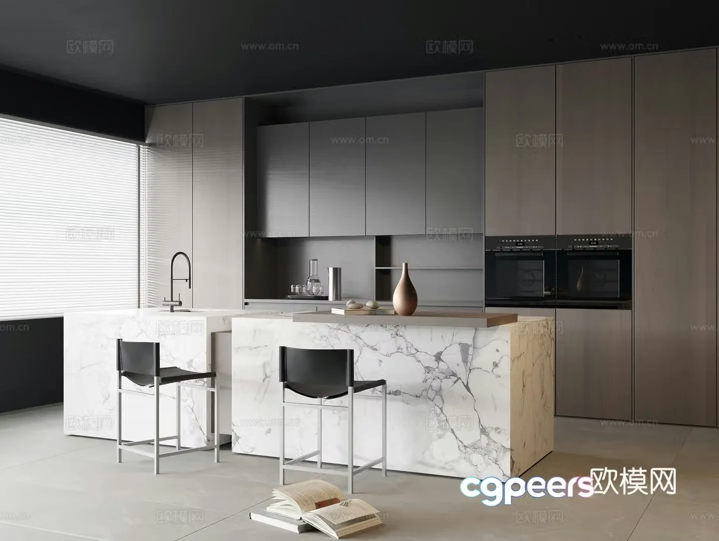 Modern open kitchen island dining table marble middle island metal dining chair solid wood sideboard 3D model