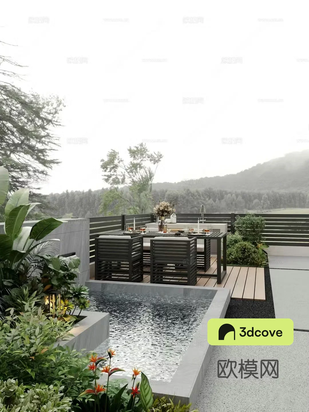 Modern balcony fish pond green plants leisure tables and chairs wooden floor
