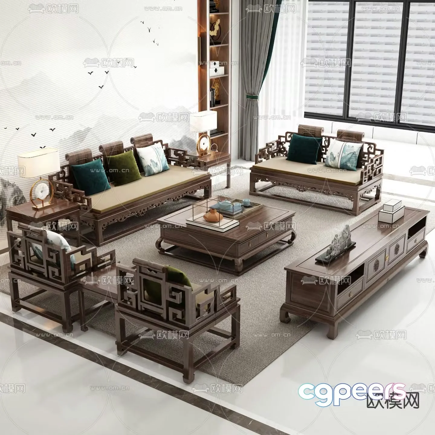 Chinese style modular sofa living room 3d model