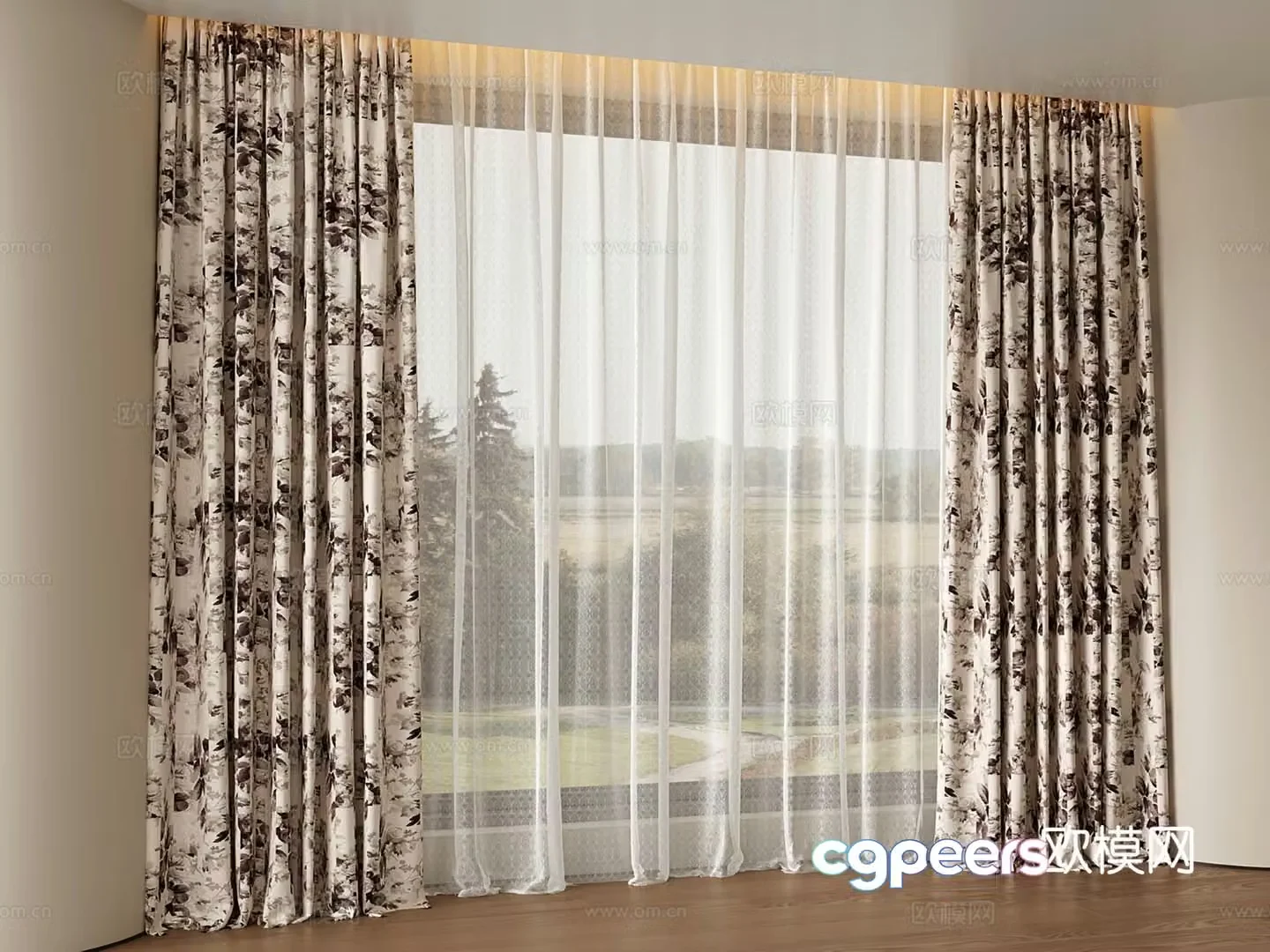 French retro curtain pattern small floral gauze curtain 3d model