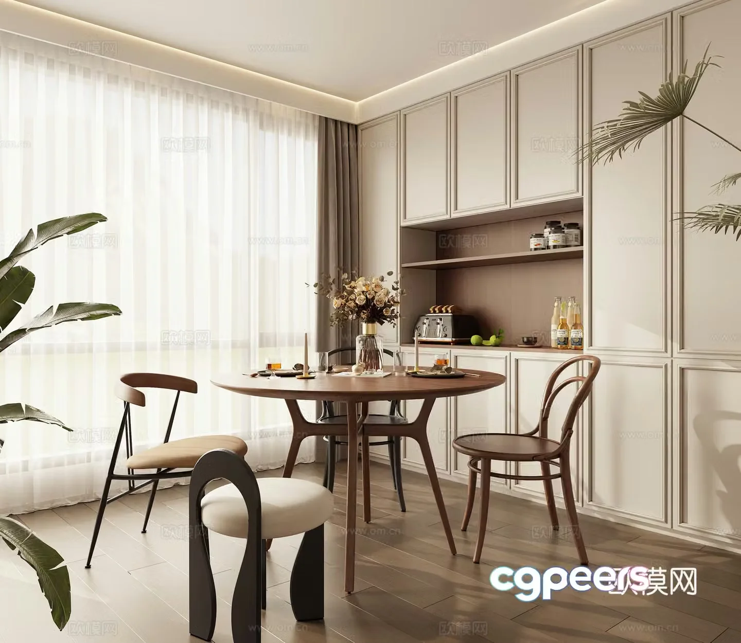 French traditional Chinese restaurant dining table chair round table 3d model