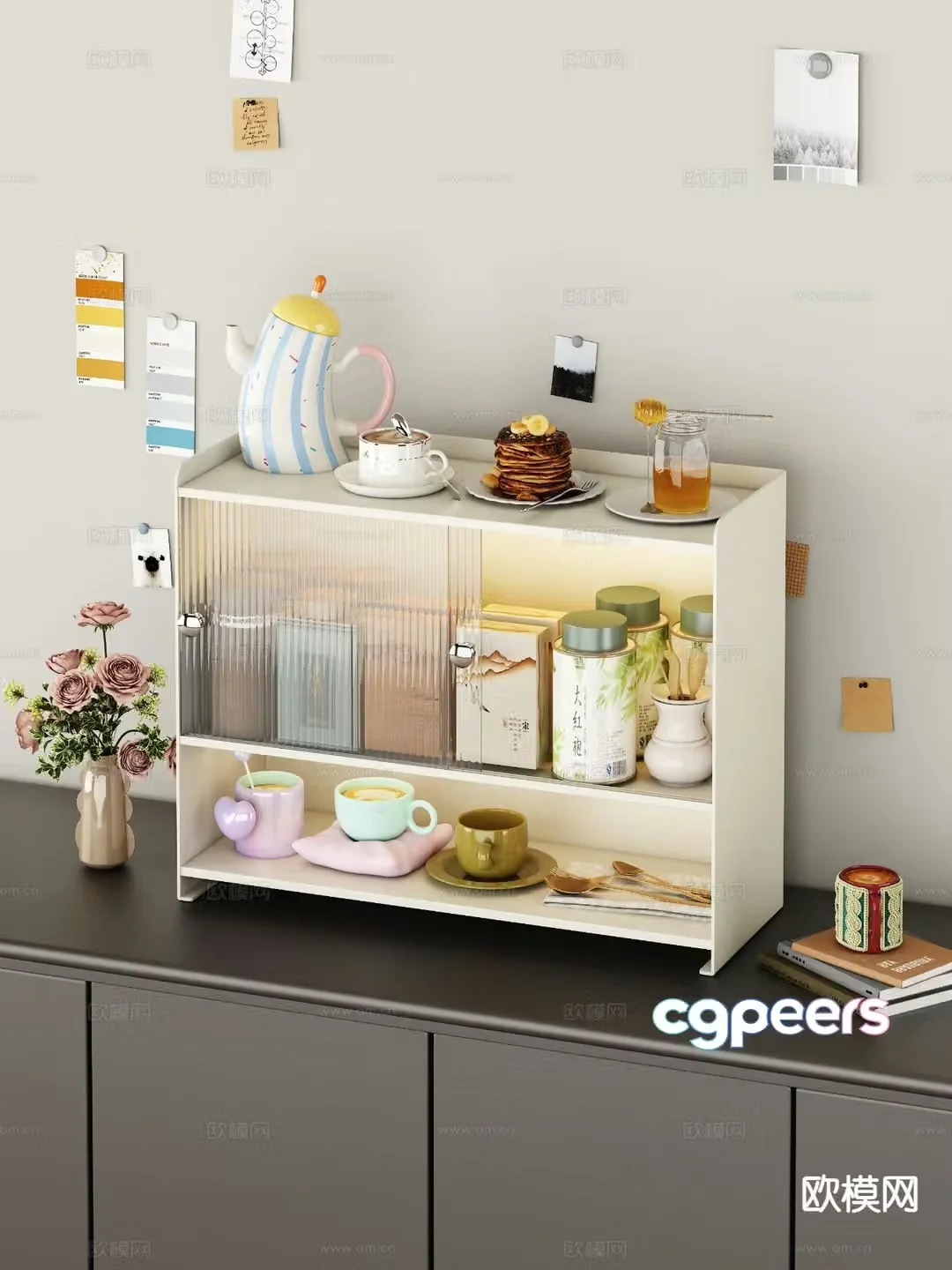 Modern tea cabinet cup tea set 3d model