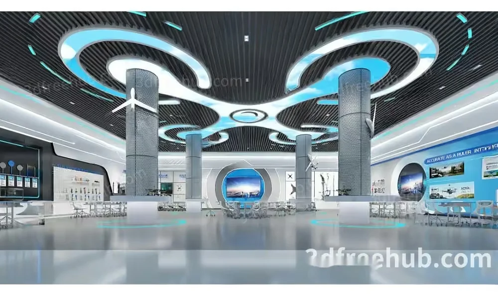 The Main Subject Is A Large Room With A Futuristic Design Featuring A Prominent 3D Model – 22634 – VRAY Render
