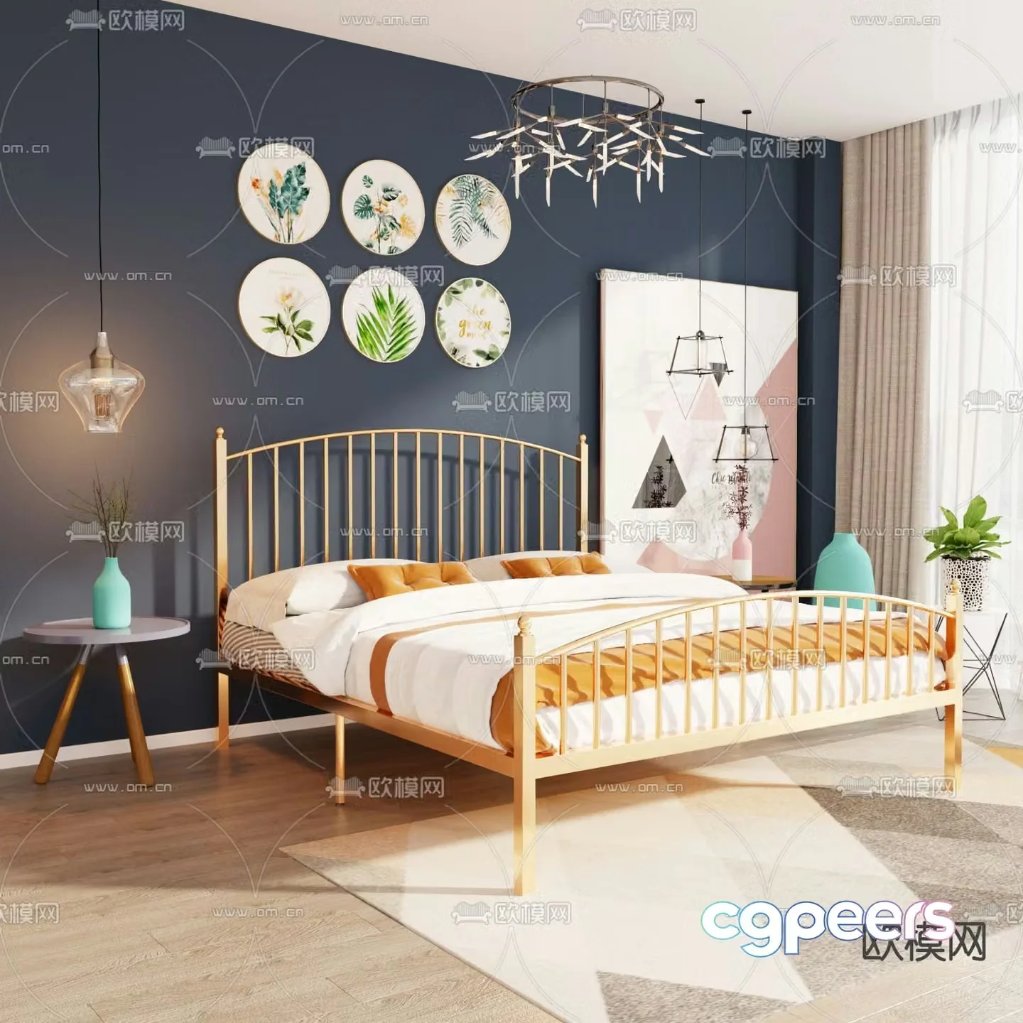 Nordic iron bed double bed iron frame bed 3d model