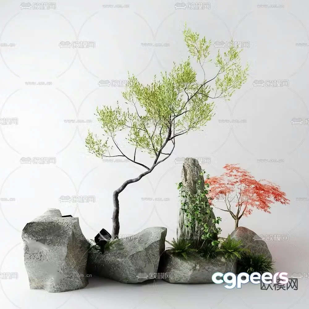 Landscape tree stone plant pile sketch 3d model