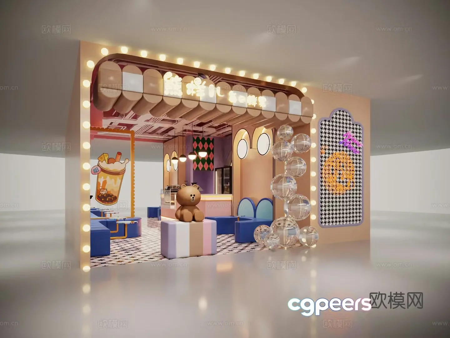 Modern milk tea shop cartoon industrial style girl coffee shop booth chandelier pipe front 3d model