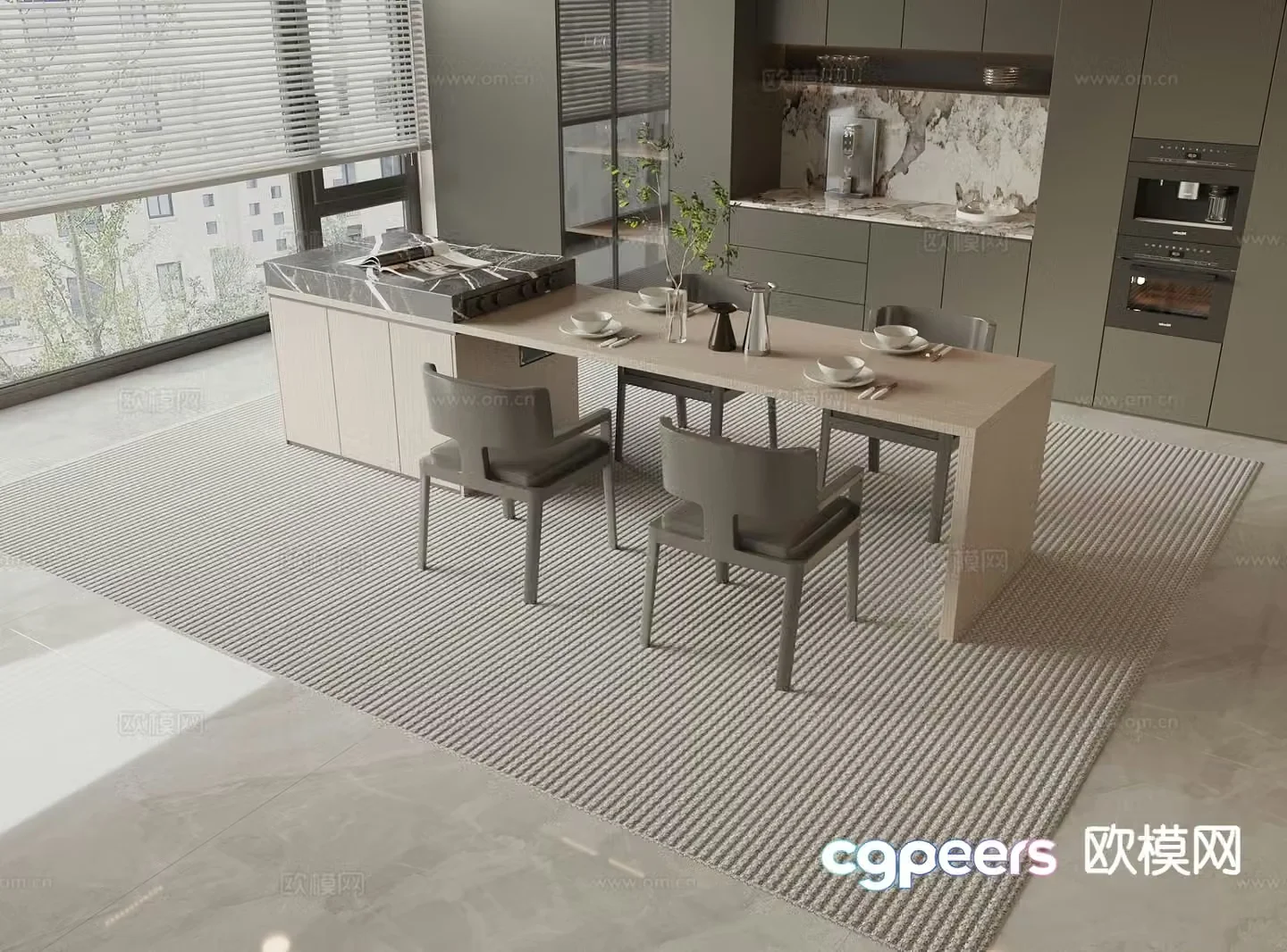 Modern island table dining table and chairs 3d model
