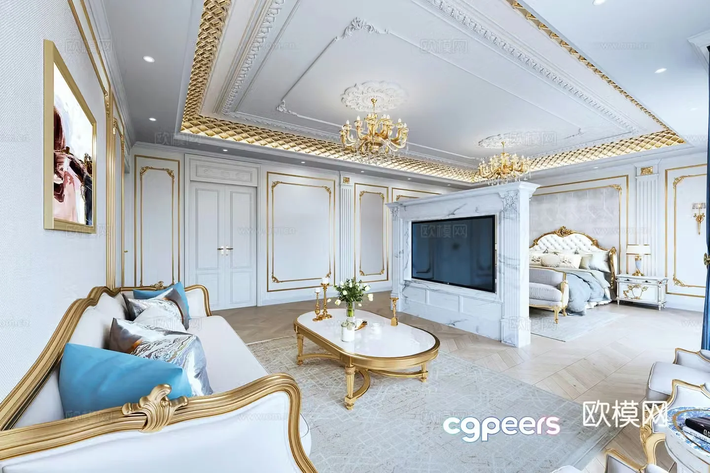 European style luxury master bedroom master room queen room European style living room European sofa coffee table 3D model