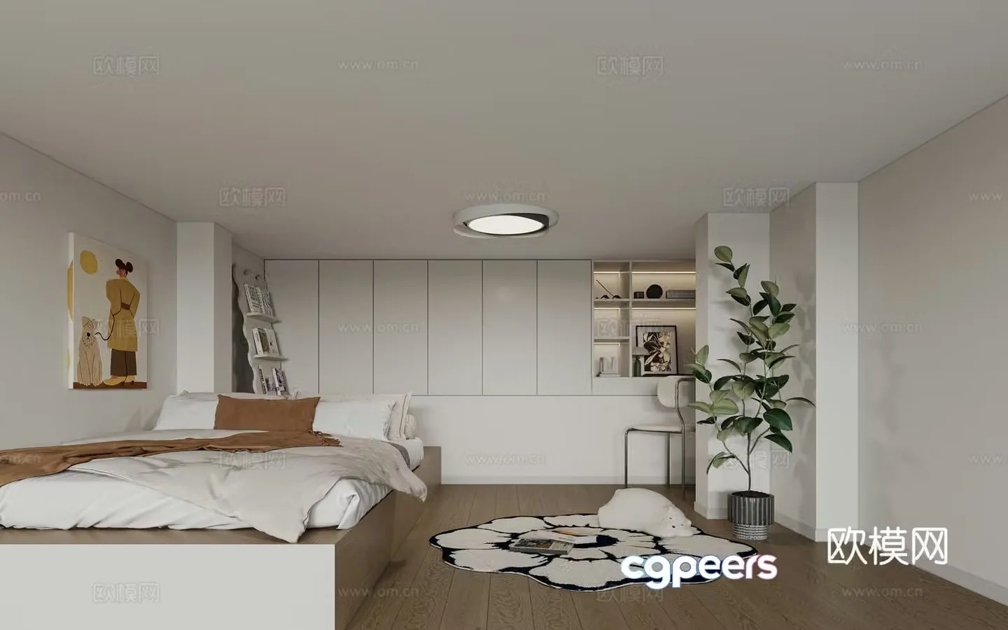 Creamy style simple bedroom 3d model