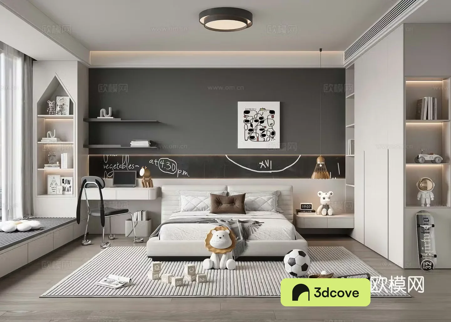 Modern boy children’s room children’s bed children’s wardrobe desk chair chandeliers ceiling lamp