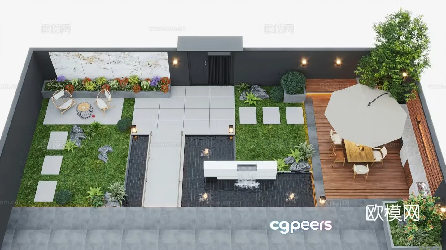Modern courtyard landscape home yard garden waterscape stacked water fish pond 3d model
