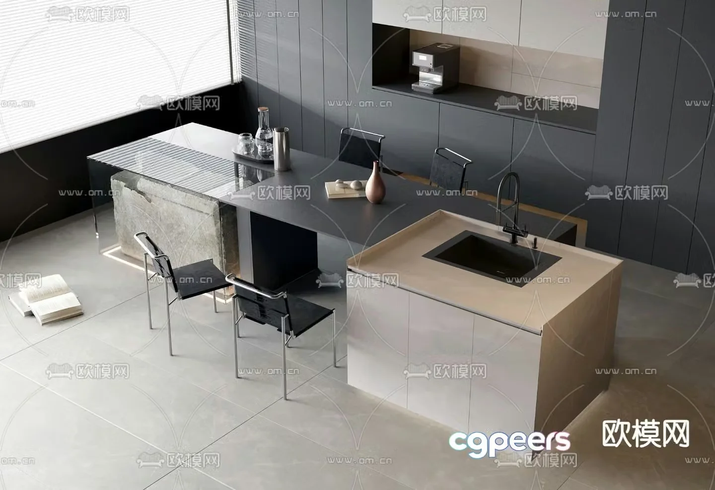 High-end gray dining table and chairs island dining table 3D model