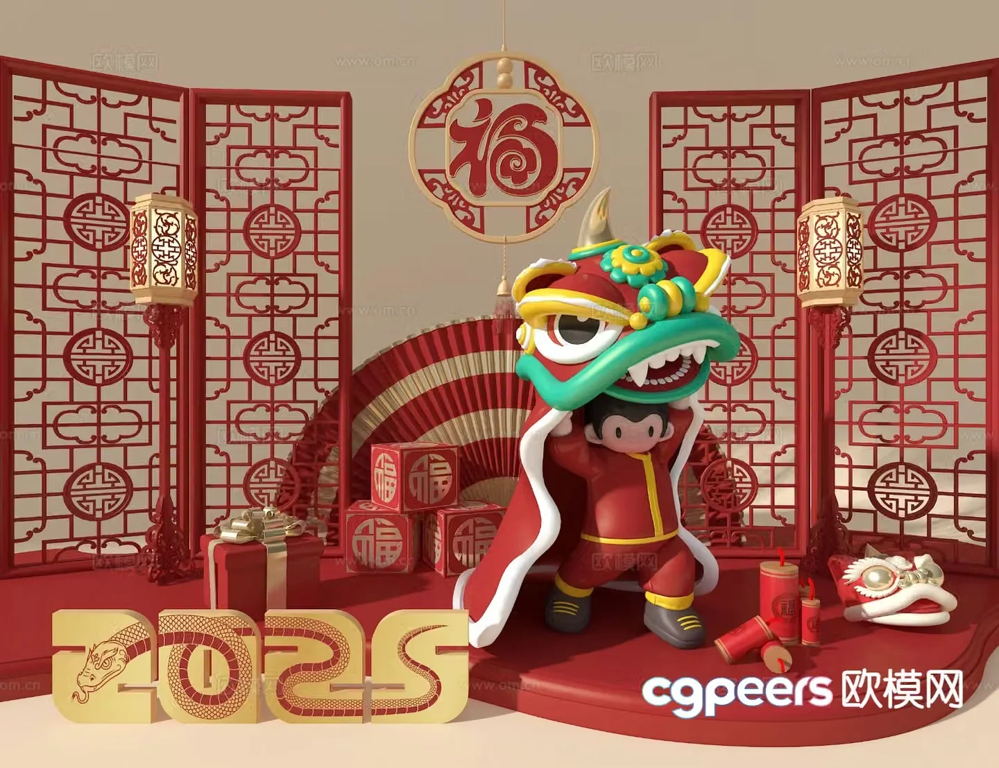 New Year’s presentation lion dance presentation Spring Festival presentation 3D model