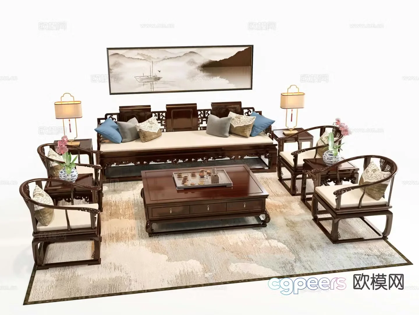 Chinese style modular sofa walnut sofa 3d model