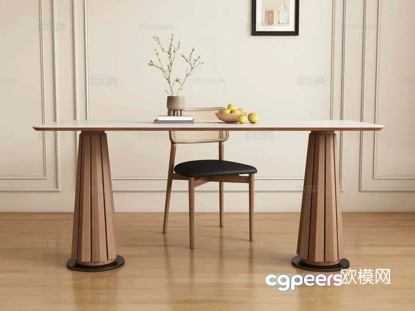 Modern long dining table and chair 3d model