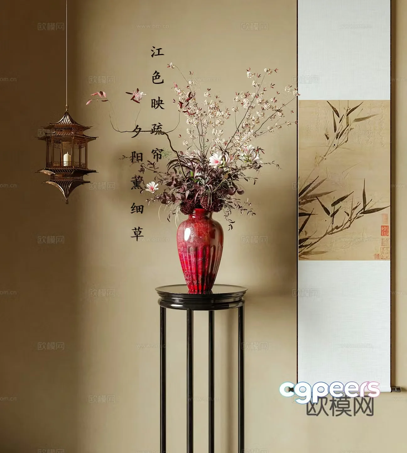 New Chinese style vase flower art flower arrangement painting chandelier 3D model