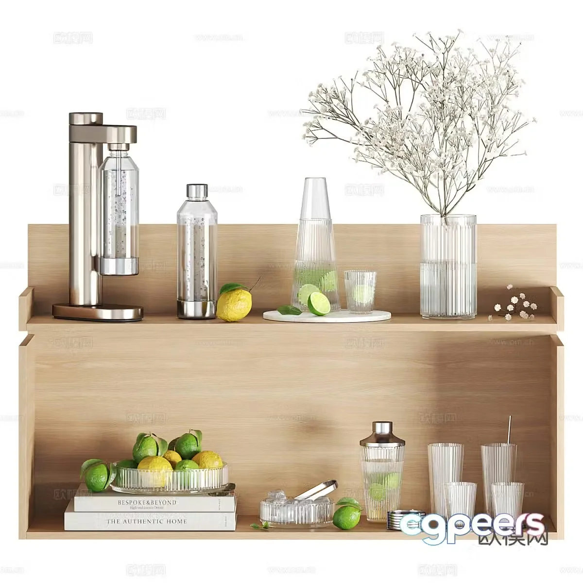 A 3D model of citrus is placed on the kitchen shelves
