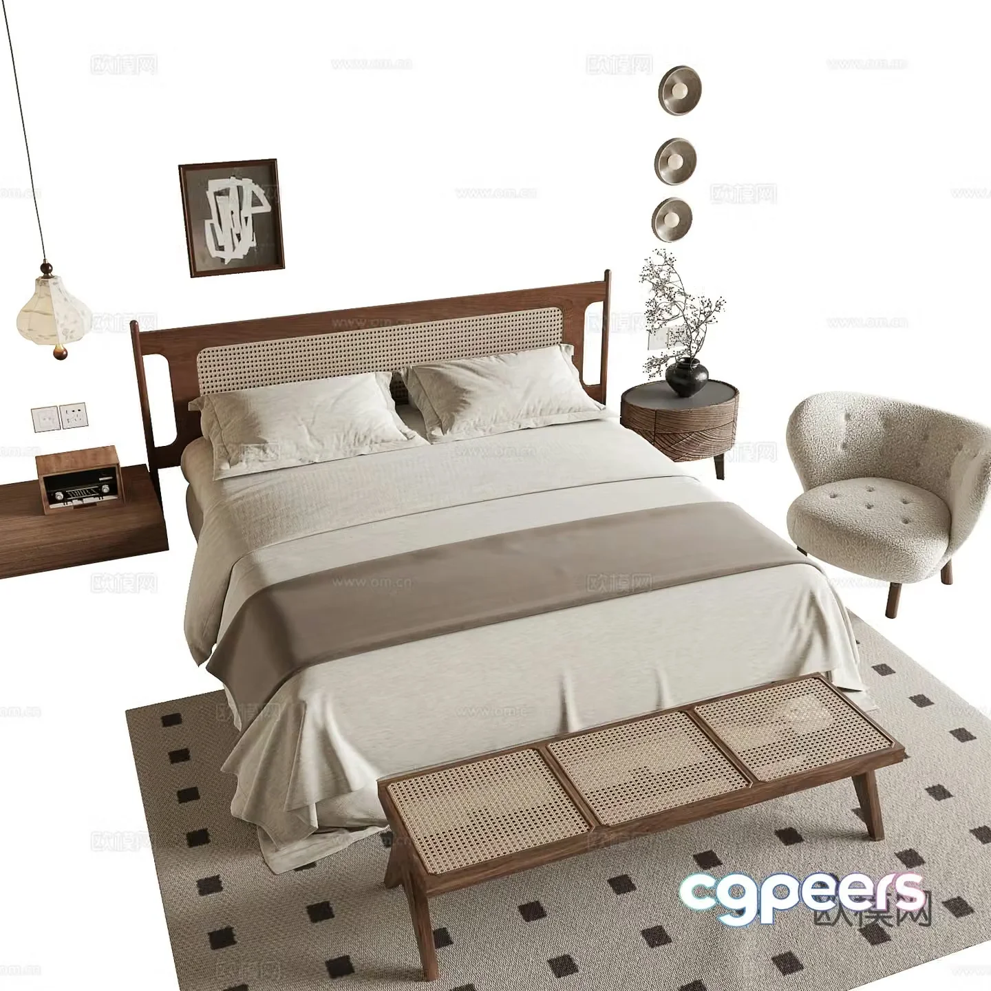 Wabi-sabi style double bed 3d model