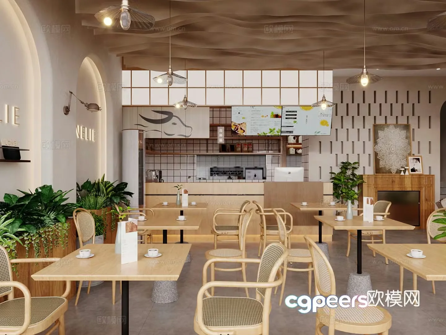 Log wood style milk tea shop dessert shop 3d model