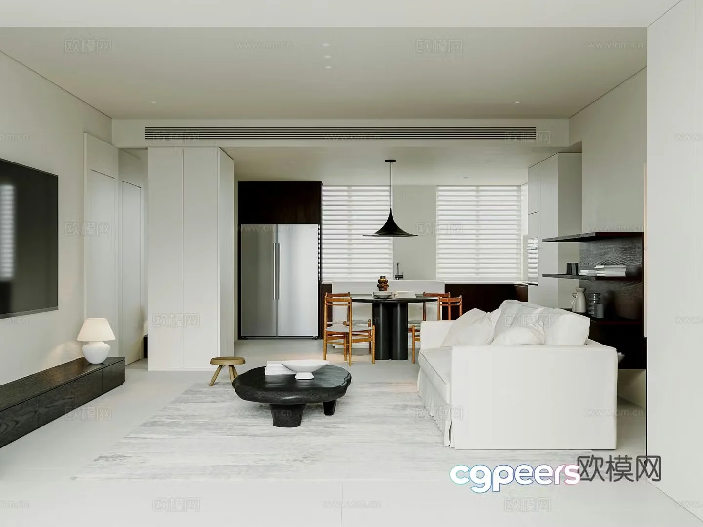 Minimalist medieval living room without lights Open kitchen Fabric sofa Medium ancient dining table 3D model