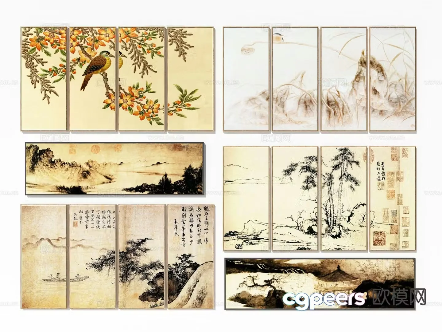 Chinese four-part flower and bird painting landscape hanging painting 3D model