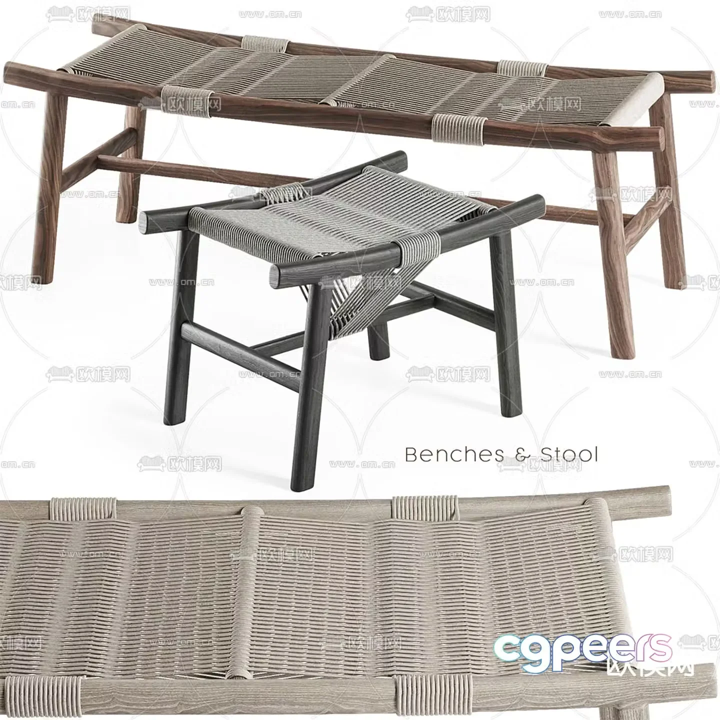 Chinese style solid wood woven bench 3d model