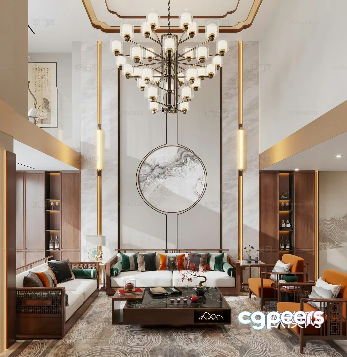 New Chinese style empty villa New Chinese style villa living and dining room New Chinese style chandeliers New Chinese style sofa New 3D model