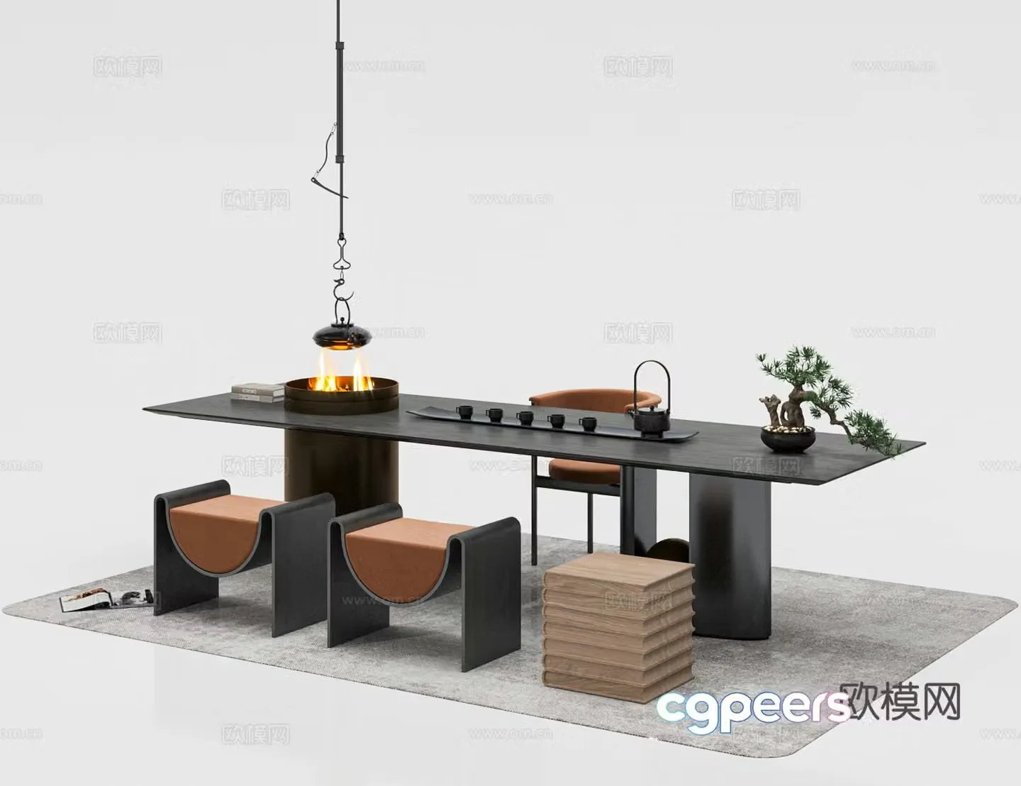 New Chinese tea table and chairs 3d model