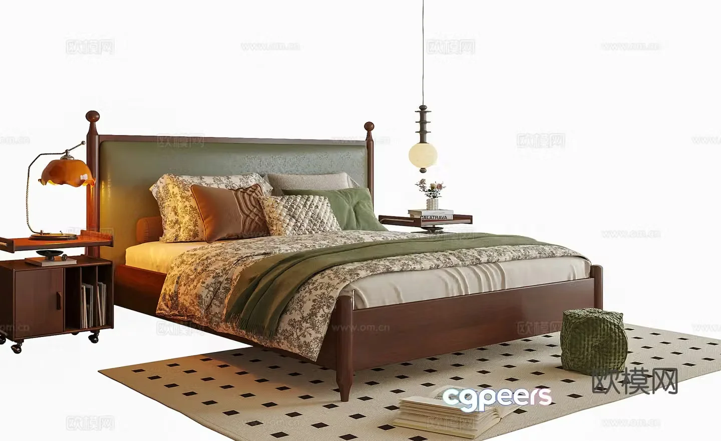 French double bed bedside table bedside chandeliers table lamp 3d model