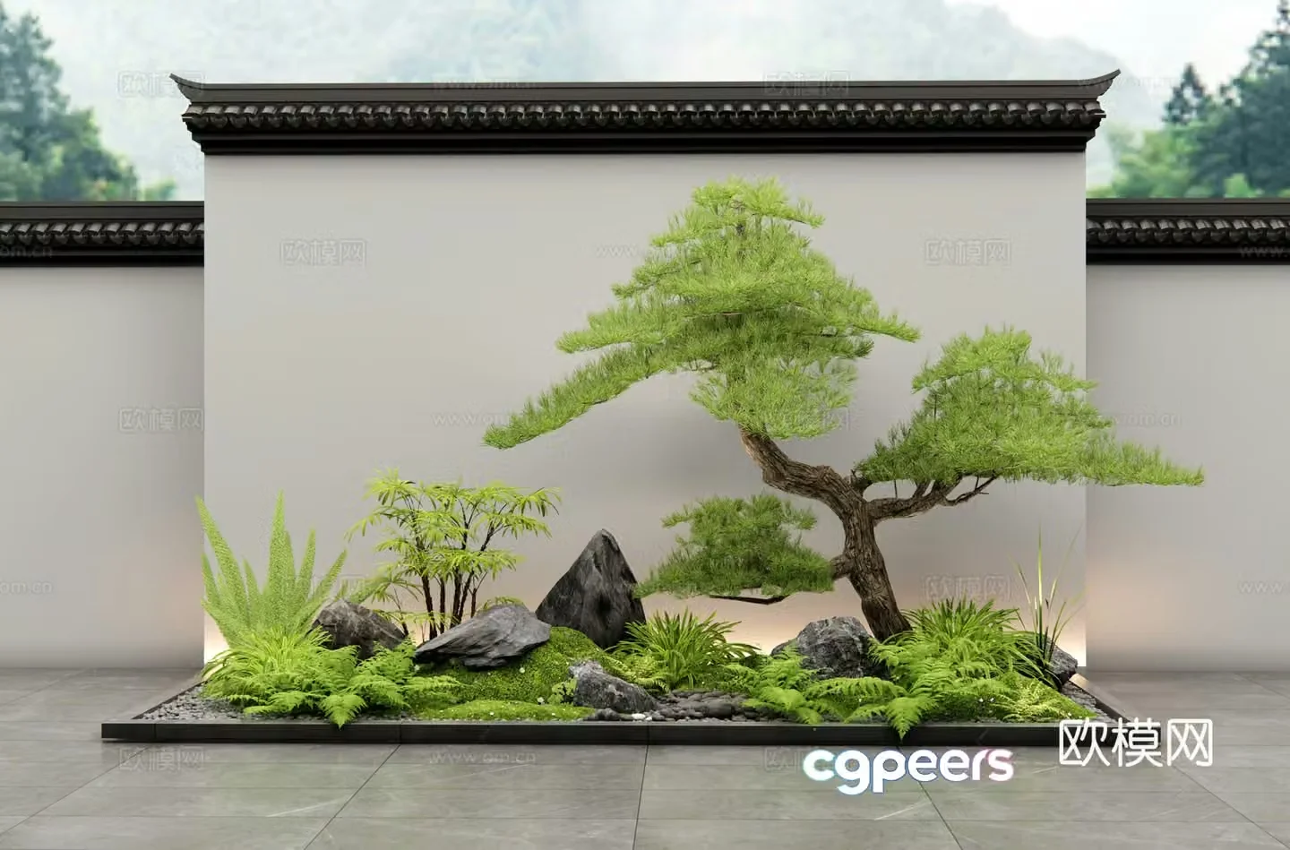 New Chinese style courtyard sketch Plant landscaping Plant combination Plant pile Moss Landscape stone 3D model
